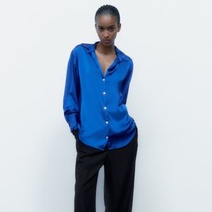 Zara blue satin effect blouse in blue, size small